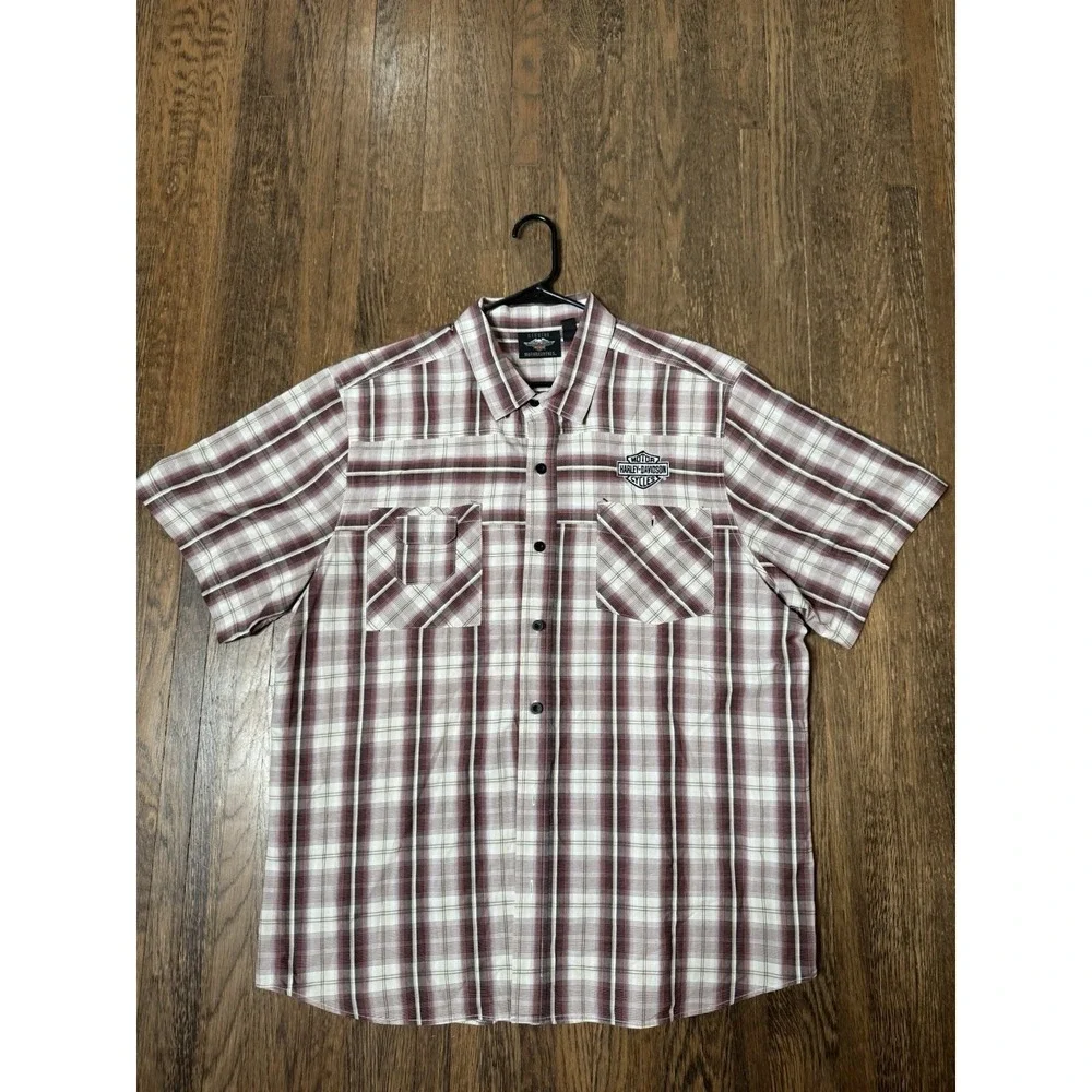 Harley Davidson Mens 2XL Plaid Short Sleeve Button Down Shirt Embroidered Logo - Picture 1 of 6